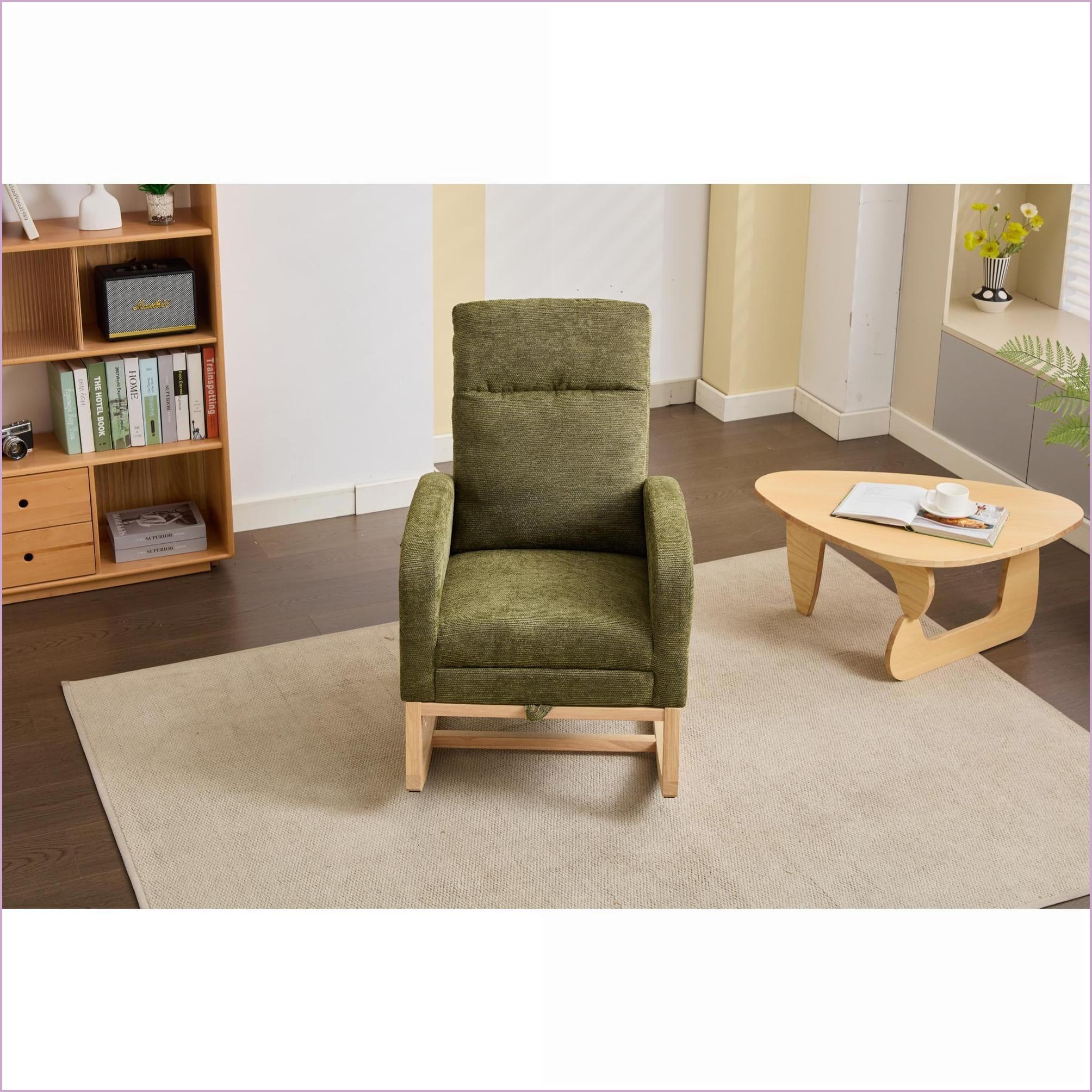 Rocking Chairs Modern Nursery Glider with Solid Wood Legs, High Backrest & Side Pocket | Teddy Polyester Blend