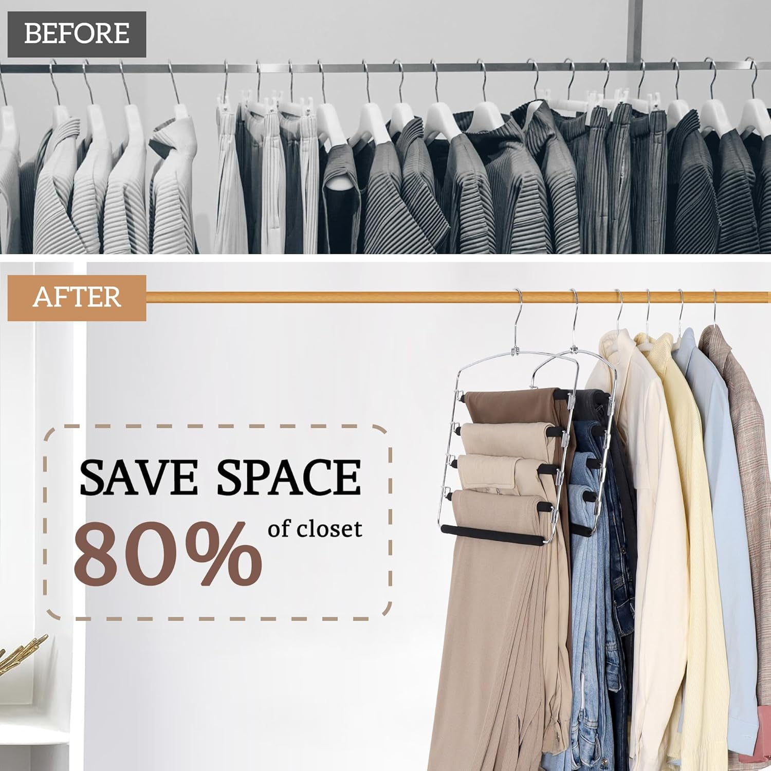 Pants Hangers Space Saving - 4Pack, 5 Layers Space Saving Hangers, Sturdy Stainless Steel Pant Rack with Anti-Slip Swing Arm, Closet Organizers and Storage for Trousers Jeans