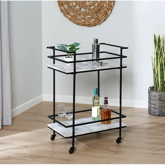 Honey Can Do 2-Tier Rolling Bar & Serving Cart, Black & White Faux Marble CRT-09861 Black