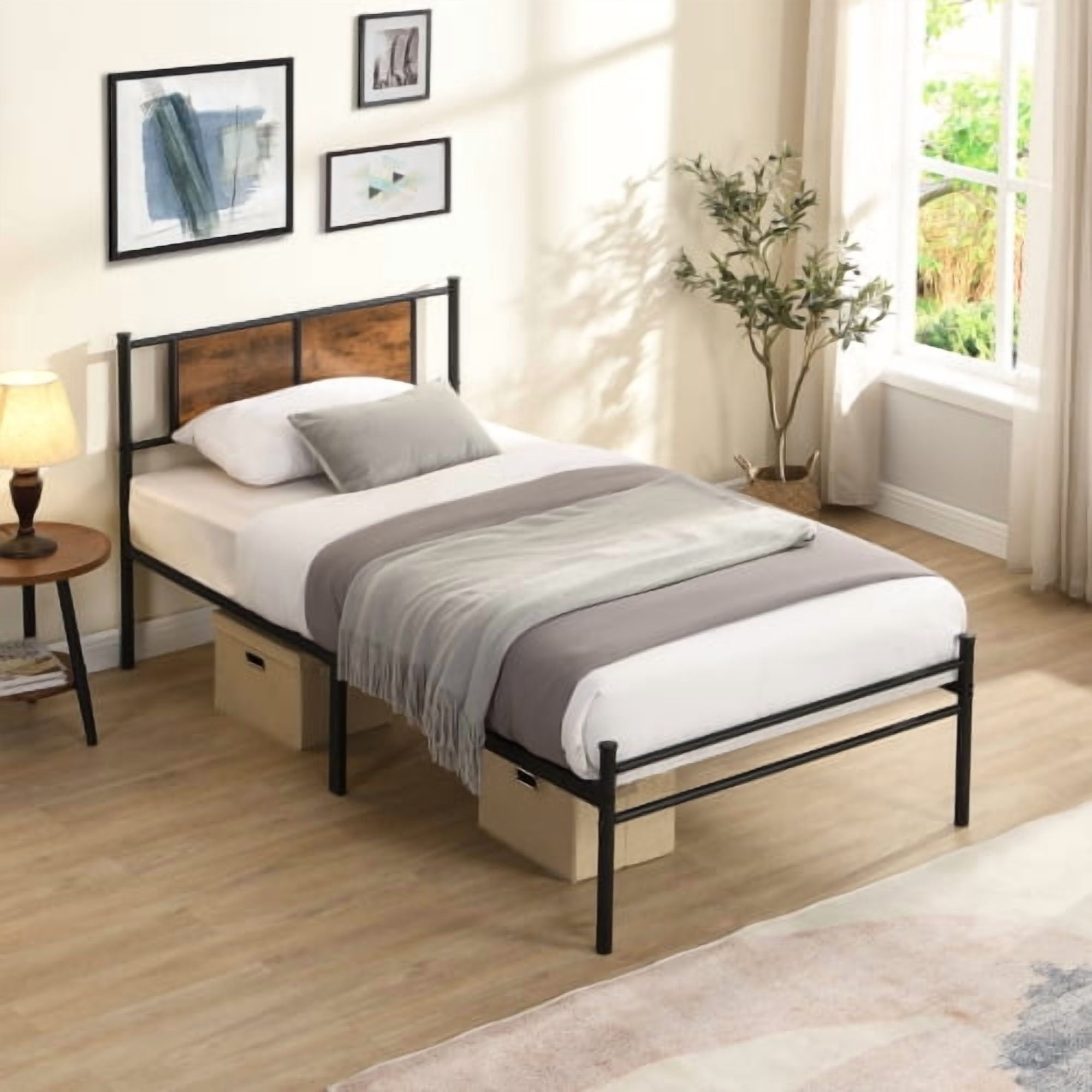 Euroco Metal Twin Size Bed Frame, Platform Bed with Wood Panel Headboard, Black
