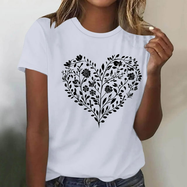 TaTaai Ladies' Valentine Heart Print Round Neck Short Sleeve Shirt, Valentine's Day Gift, Casual Festival Fashion Top Gift