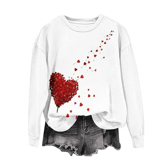 Zorckvet Womens Plus Size Sweatshirts Heart Print Valentine's Day Shirts Trendy Crewneck Pullover Long Sleeve Fashion Tops for Ladies
