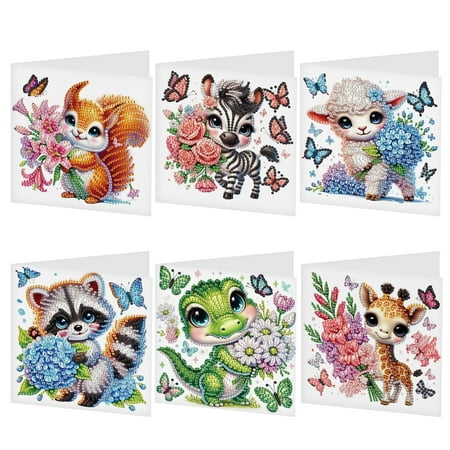 6 pcs Diamond Art Painted Greeting Card, Flower Dinosaur Goat Zebra Fawn 5D DIY Special Shape Diamond Card Creative Gift, Christmas Thanksgiving Greeting Card Congratulation