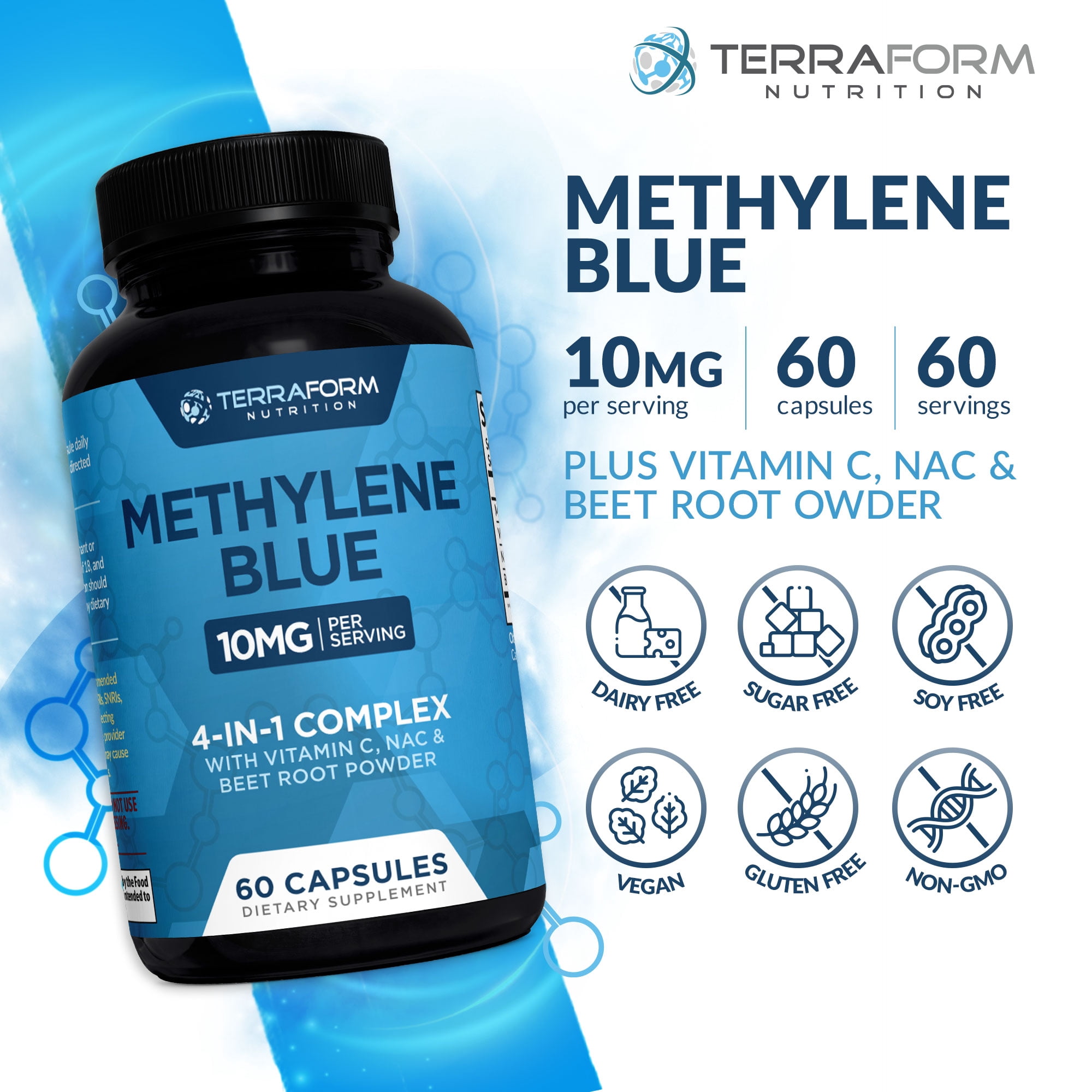 Methylene Blue Capsules 10mg – USP Pharmaceutical Grade Supplement with Vitamin C, NAC & Beet Root - Easy Alternative to Methylene Blue Drops or Solution - 60 Servings