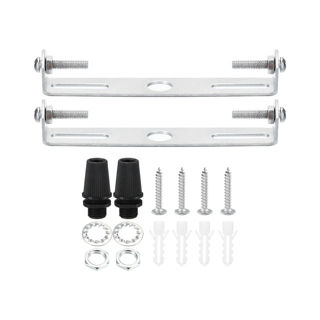 Unique Bargains 100mm Ceiling Light Plate Kit Light Fixture Mounting Bracket Plate Steel Crossbar for Pendant Wall Light 2 Set. The kit includes two silver carbon steel plates with zinc plating for rust resistance, screws, nuts, and cable gland kits. Designed for secure installation of pendant lamps, chandeliers, wall lamps, and more, with a weight capacity of up to 22 lbs. Each plate measures 100x18x16mm and features a 10mm center hole. Includes expansion tubes, M4x25mm screws, and M4x20mm screws with nuts for easy setup.