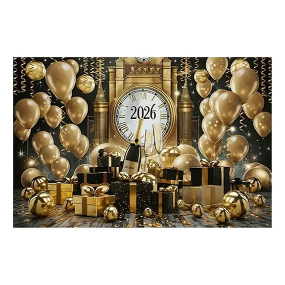 2026 New Year Banner Backdrop, Gold Balloons Champagne Clock Gift Boxes Design, For New Year's Eve Party Spring Festival Decorations