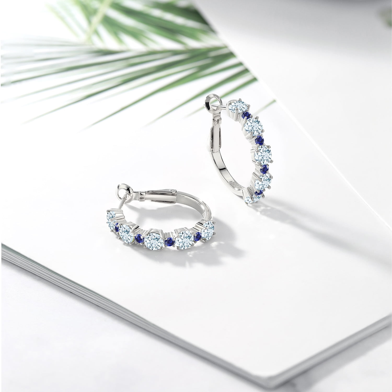 Gem Stone King 925 Sterling Silver Sky Blue Aquamarine and Blue Created Sapphire Hoop Earrings for Women (2.86 Cttw, Round 4MM and 1.9MM, Gemstone Birthstone 1 inch Diameter)