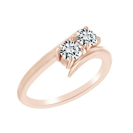 Two Stone Bypass Ring Round Shape White Cubic Zirconia Two Stone Bypass Engagement Ring In 10k Solid Rose Gold Ring Size-4 ()