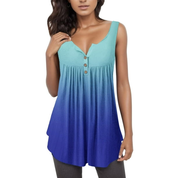 Camisetas Sin Mangas Para Adolescentes Camisas ajustadas y acampanadas para mujer, camisetas informales con estampado sin mangas y botones, túnica fluida a la para mujer, blusa superior (Blue, XXL)