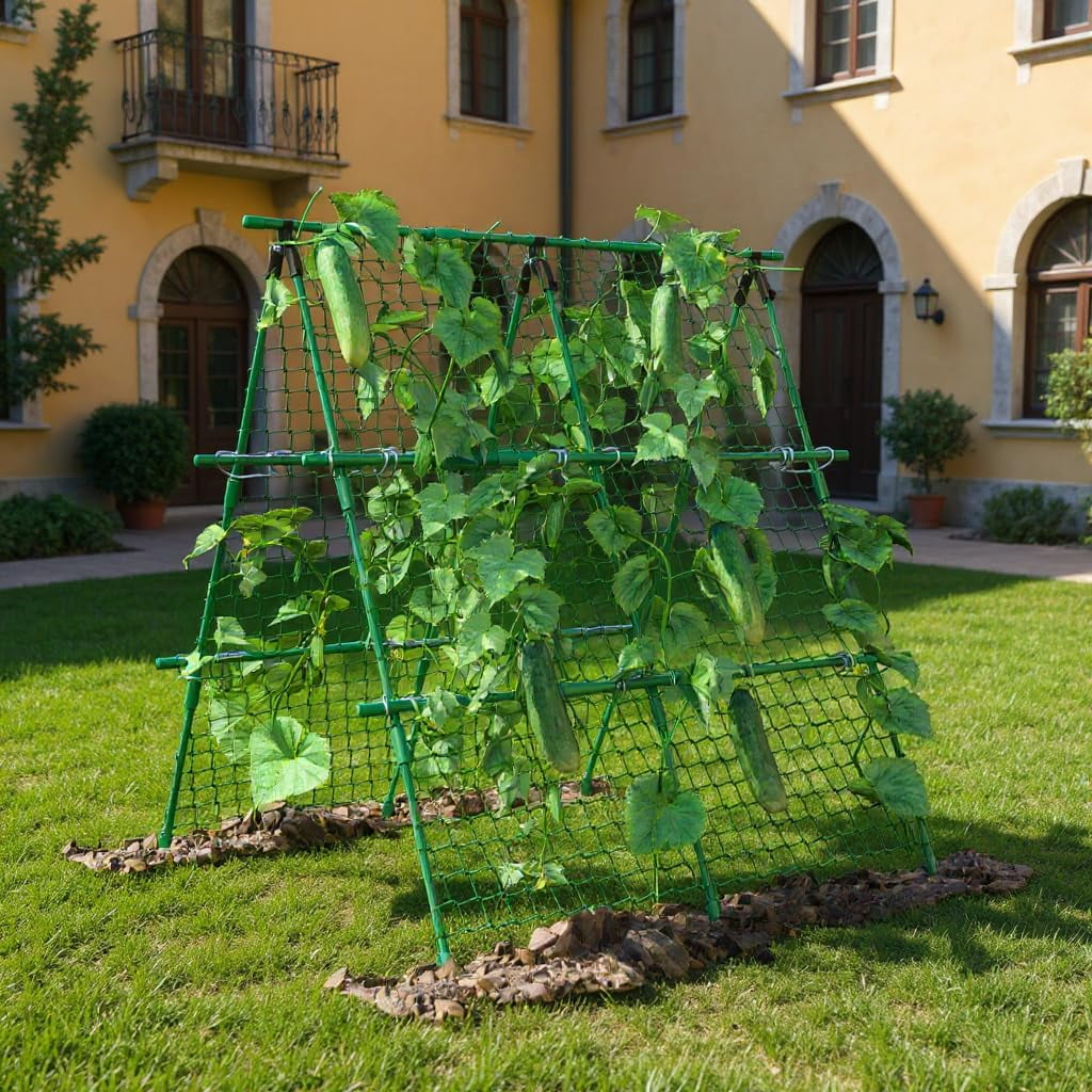Danolapsi Cucumber Trellis, 4ft x 4ft Green Metal A-Frame Garden Trellis for Climbing Plants,Support for Cucumbers, Tomatoes, Peas, Beans, and Vines, Includes Netting, Fits Raised Beds