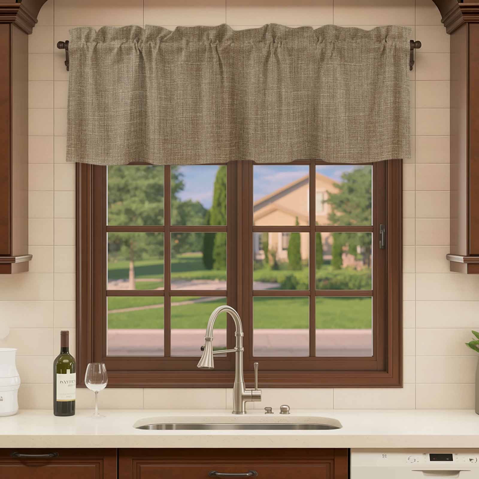 Vintage Brown Curtain Valances for Windows, Kitchen Valance Window Treatments Panel 2 Pack, Farmhouse Retro Dark Solid Color Linen Texture Rod Pocket Short Curtains for Bathroom Bedroom 60 x 18 Inch