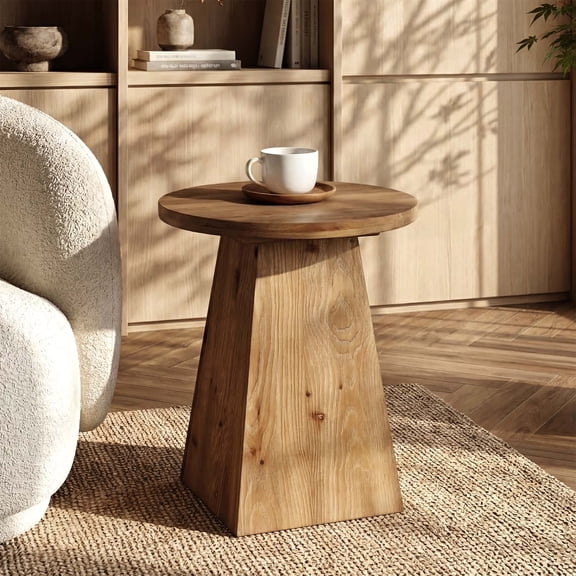 Finmind 19" Solid Wood Round End Table, Side Table with Trapezoid Base for Small Spaces, Vintage Brown