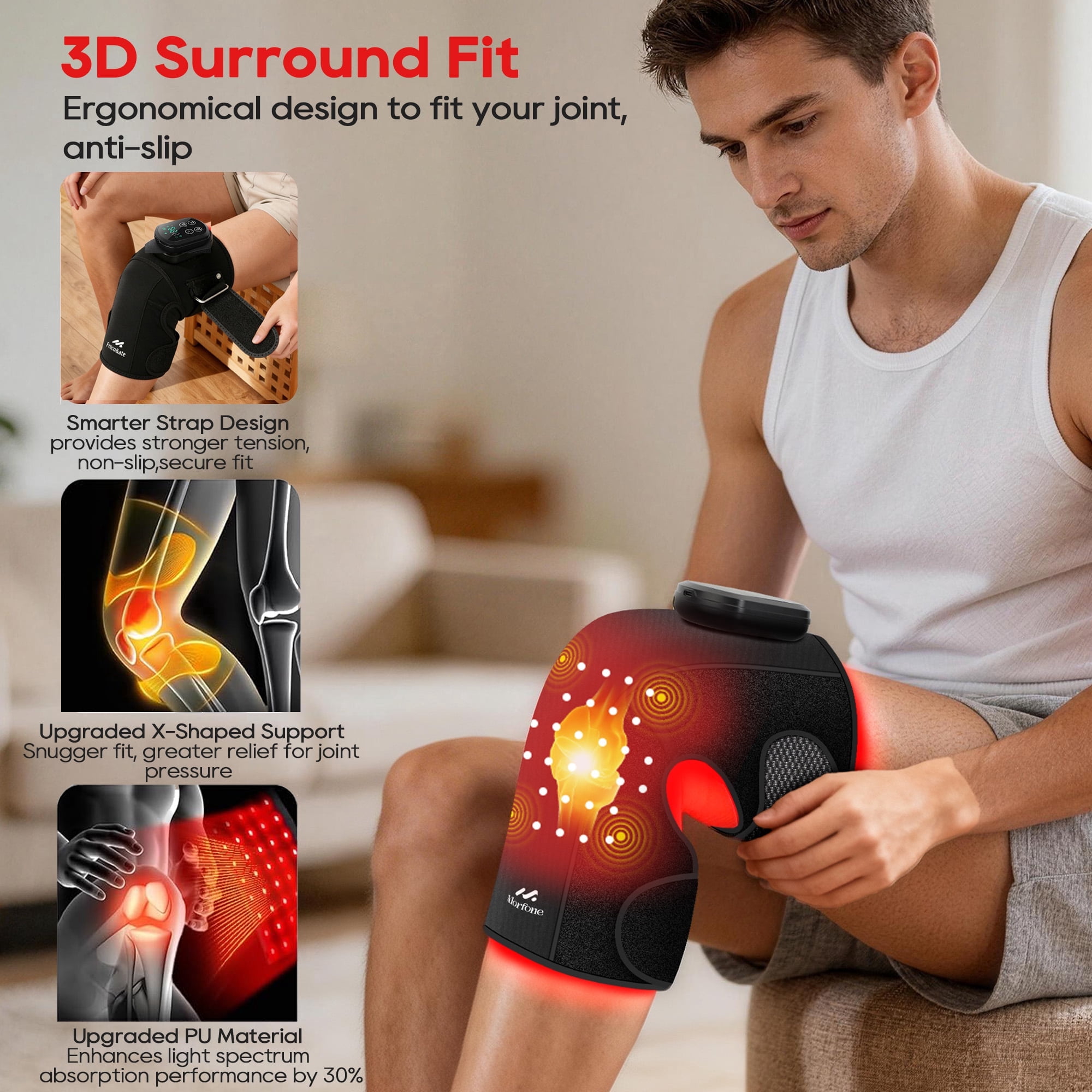 Morfone Cordless Red Light Knee Massager with 3 Heat & 3 Vibration, 660nm & 850nm Infrared Light Knee Brace with Timer，Ideal Gift for Women Man