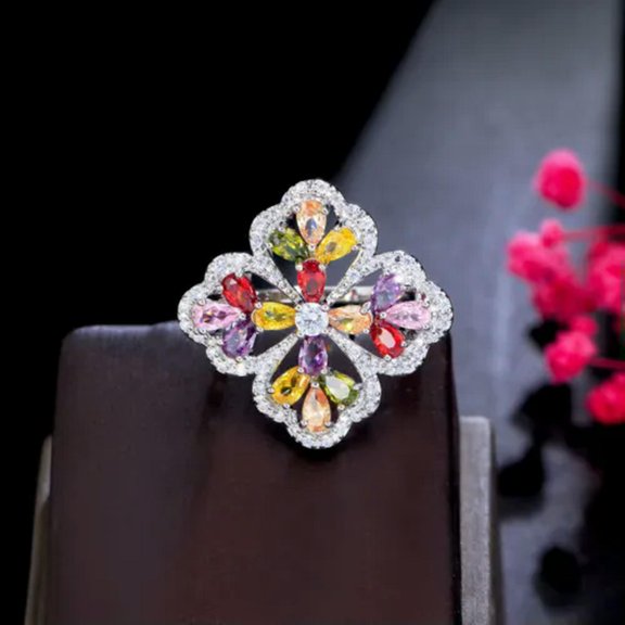 Silver Plated Blue CZ Crystal Flower Statement Women Chunky Flower Party Ring