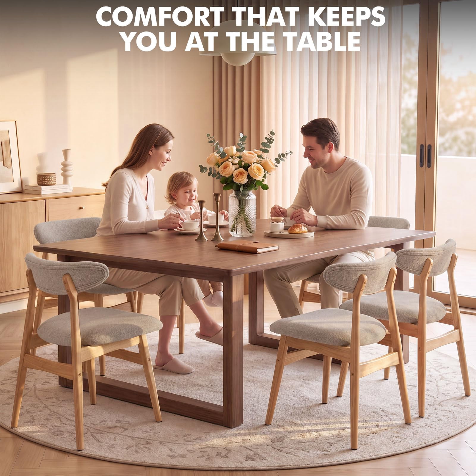 Upholstered Dining Chairs Set of 2, Lumbar-Ergonomic Backrest Chairs with Adjustable Foot Pads