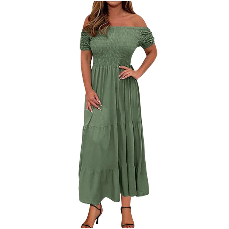 Qelini Summer Wedding Guest Dresses for Women Off-Shoulder Solid Color Flowy Swing Elegant Ruffle Tiered Maxi Dress Beach Fashion Lightweight and