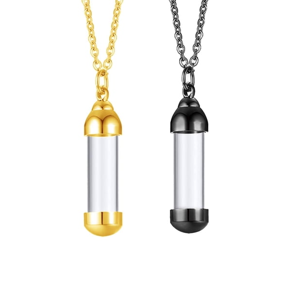 2 frascos cilíndricos de vidrio transparente con forma de urna, tipo collar, con tapas de rosca para guardar recuerdos. Oro + Negro
