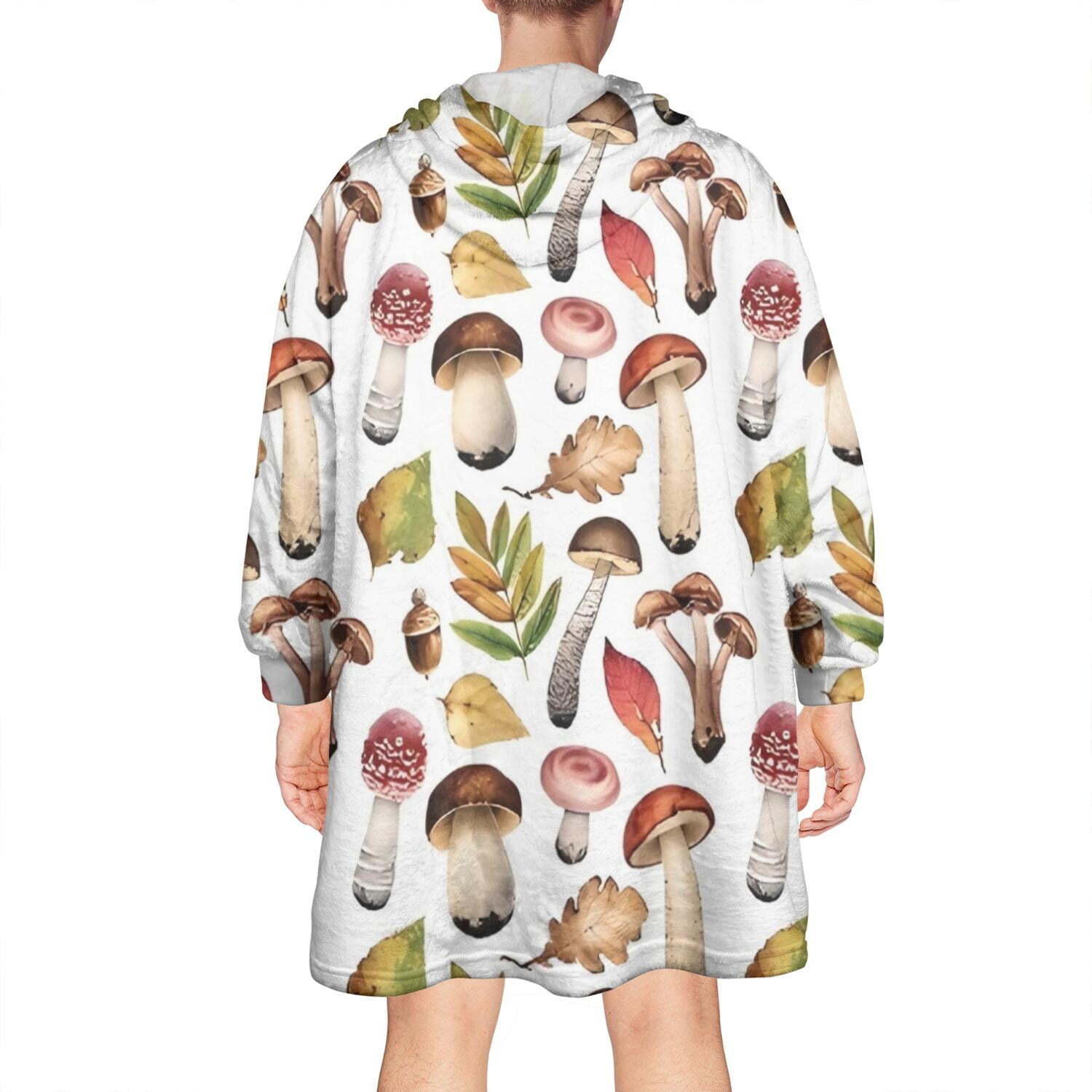 Brown Mushroom Leaf White Pattern Wearable Oversized Blanket,Wearable Blanket Hoodie for Adults,Cozy Hooded Blankets with Super Pockets,Super Warm Fuzzy Pullover for Women & Men