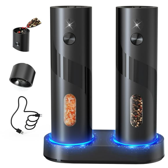 CIRCLE JOY Electric Rechargeable Salt and Pepper Grinder Set Top-Refill Automatic Pepper Mill Grinder with Charging Base, Adjustable Coarseness, Easy Filling Larger Capacity with Led fo