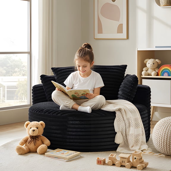 55"L Fluffy Corduroy Sponge Single Sofa Chair, No Assembly Required Modern Sleeper Chair with Cylindrical Headrest Pillow, Non-Swivel Leisure Lounge Chair for Living Room Bedroom Projection Room