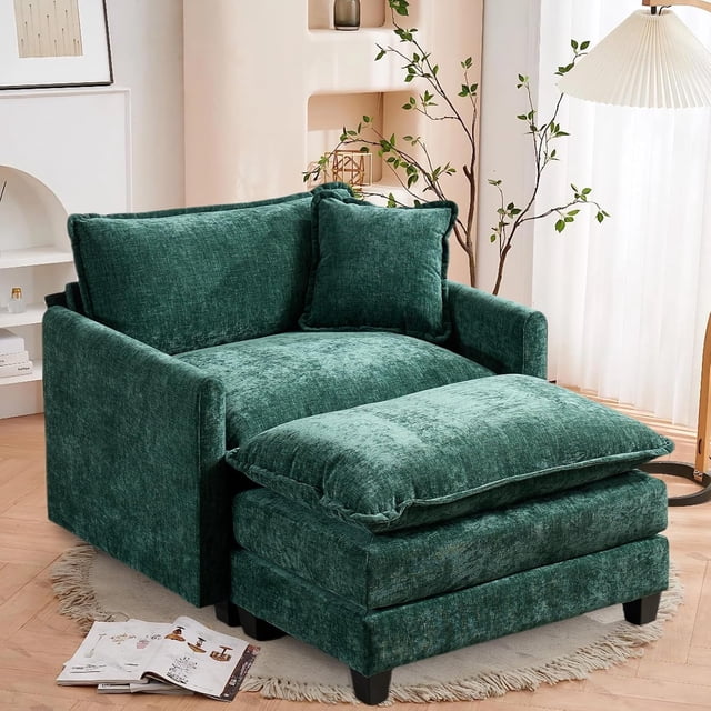SoarFlash Canapé Sectionnel en Chenille, Canapé Modulaire Simple Confortable avec Ottoman, Ensemble de Canapé Inclinable Moderne à Assise Profonde pour Salon, Vert