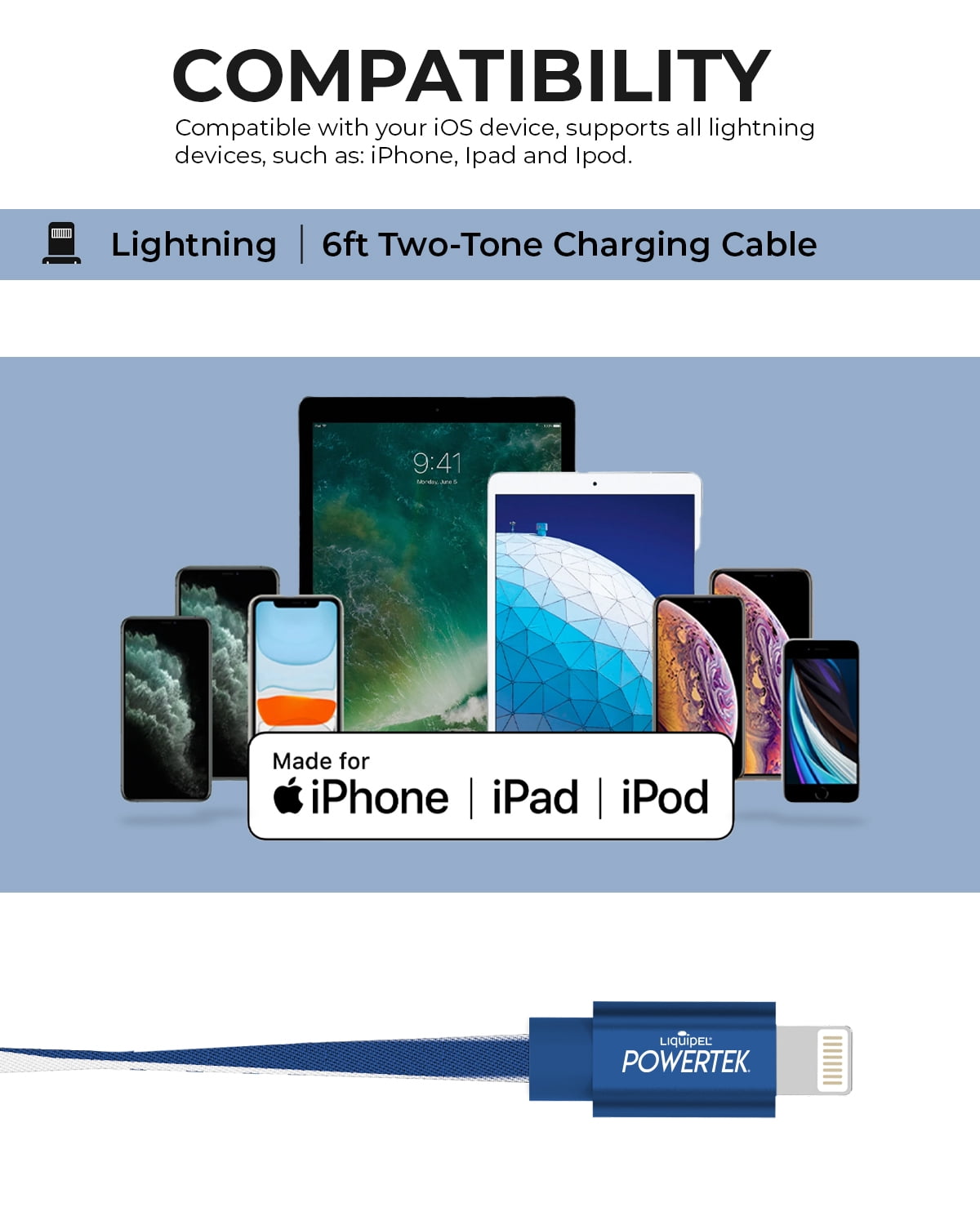 Liquipel Powertek iPad & iPhone Charger Cable, Fast Charging 6ft MFI Certified Lightning to USB Cord, Two Tone