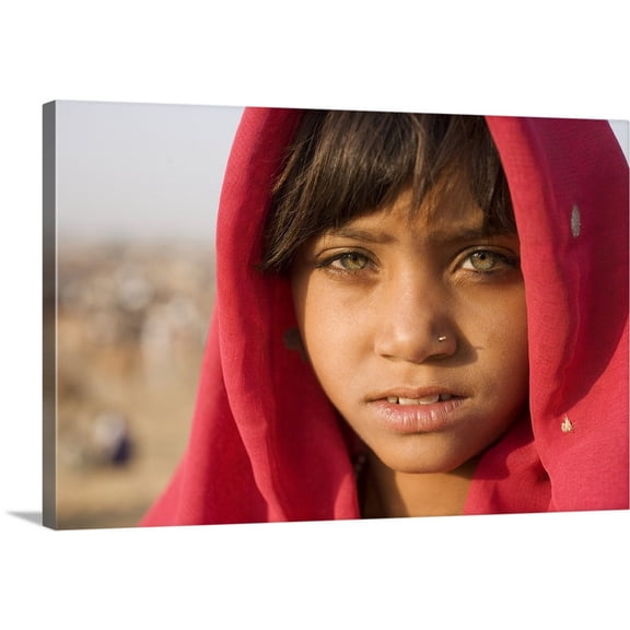 Great BIG Canvas | "Girl with red scarf at the Pushkar camel festival, Rajistan, India" Canvas Wall Art - 30x20