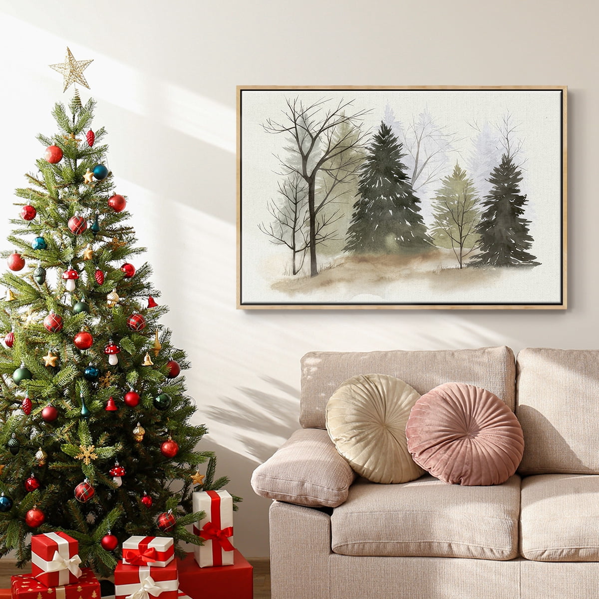 In the Mist II - Framed Gallery Wrapped Holiday Canvas - 25 x 37 - Natural Wood Frame