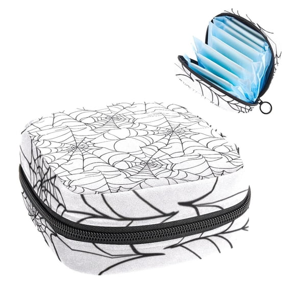 Sanitary Napkin Storage Bag for Girls Women, Portable First Period Pads Bag Tampons Holder Girls Travel Makeup Bag, Large Capacity Seamless Pattern with Spider Webs