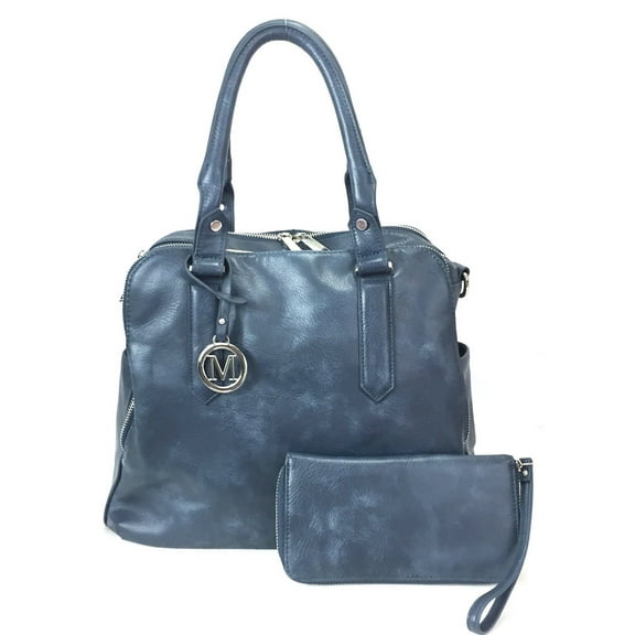 Zzfab Leatherette Triple Compartments Satchel Purse and Wallet Set Blue