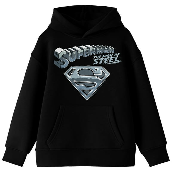 Superman Man Of Steel Chrome Logo Long Sleeve Youth Black Hooded Sweatshirt-Medium