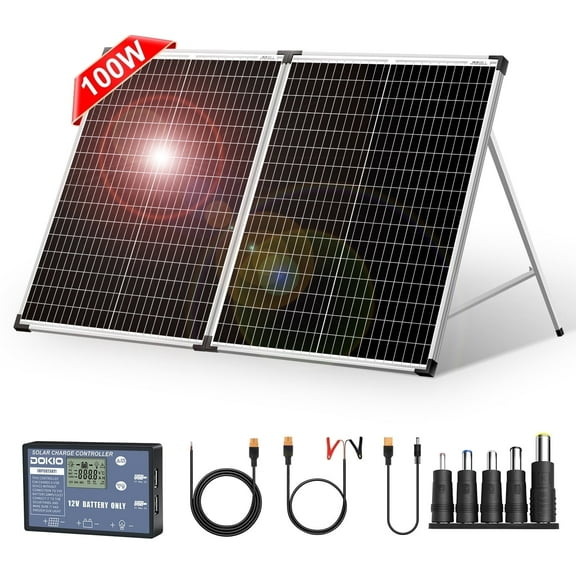 DOKIO Portable Foldable 100W 18v Solar Suitcase Monocrystalline, Folding Solar Panel Kit with Controller to Charge 12 Volts Batteries (AGM Lead/Acid Types Vented Gel) RV Camping Boat