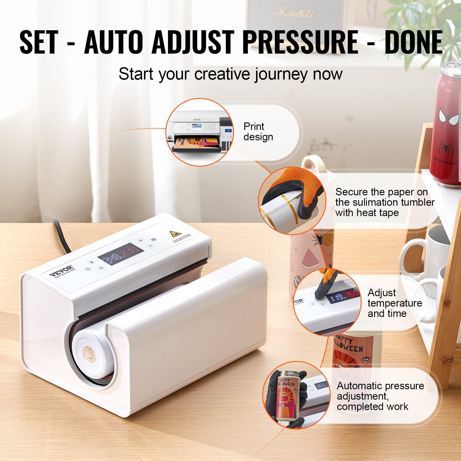 VEVOR Auto Tumbler Heat Press Machine, Mug Heat Press for 11-30oz Sublimation Tumblers, Heat Up Fast and Even, Tumbler Press with Tape and Glove, Temp and Time Setting, for Tumblers, Mugs, White