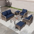 thumbnail image 6 of COOS BAY 6 Piece Brown Wicker Patio Sofa Set Outdoor Rattan Furniture Conversation Set Loveseat, Dining Chairs and Ottomans with Blue Cushions, Wood Grain Top Tables, 6 of 8