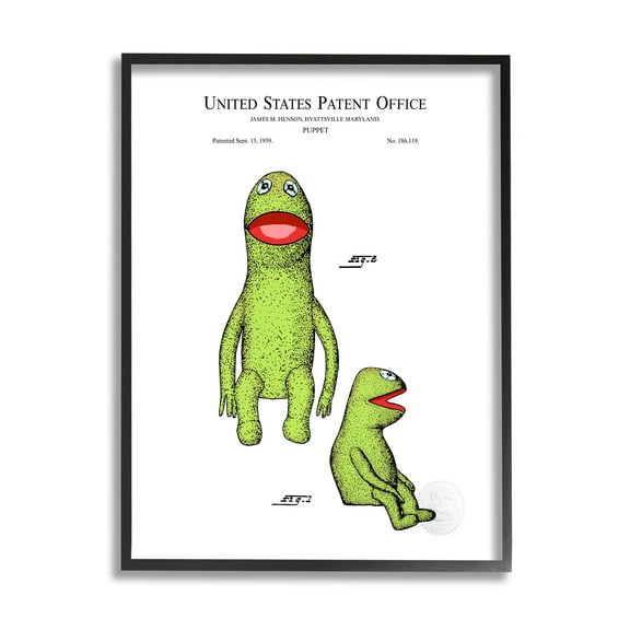 Stupell Industries Vintage Frog Puppet Patent Graphic Art Black Framed Art Print Wall Art, Design by Karl Hronek