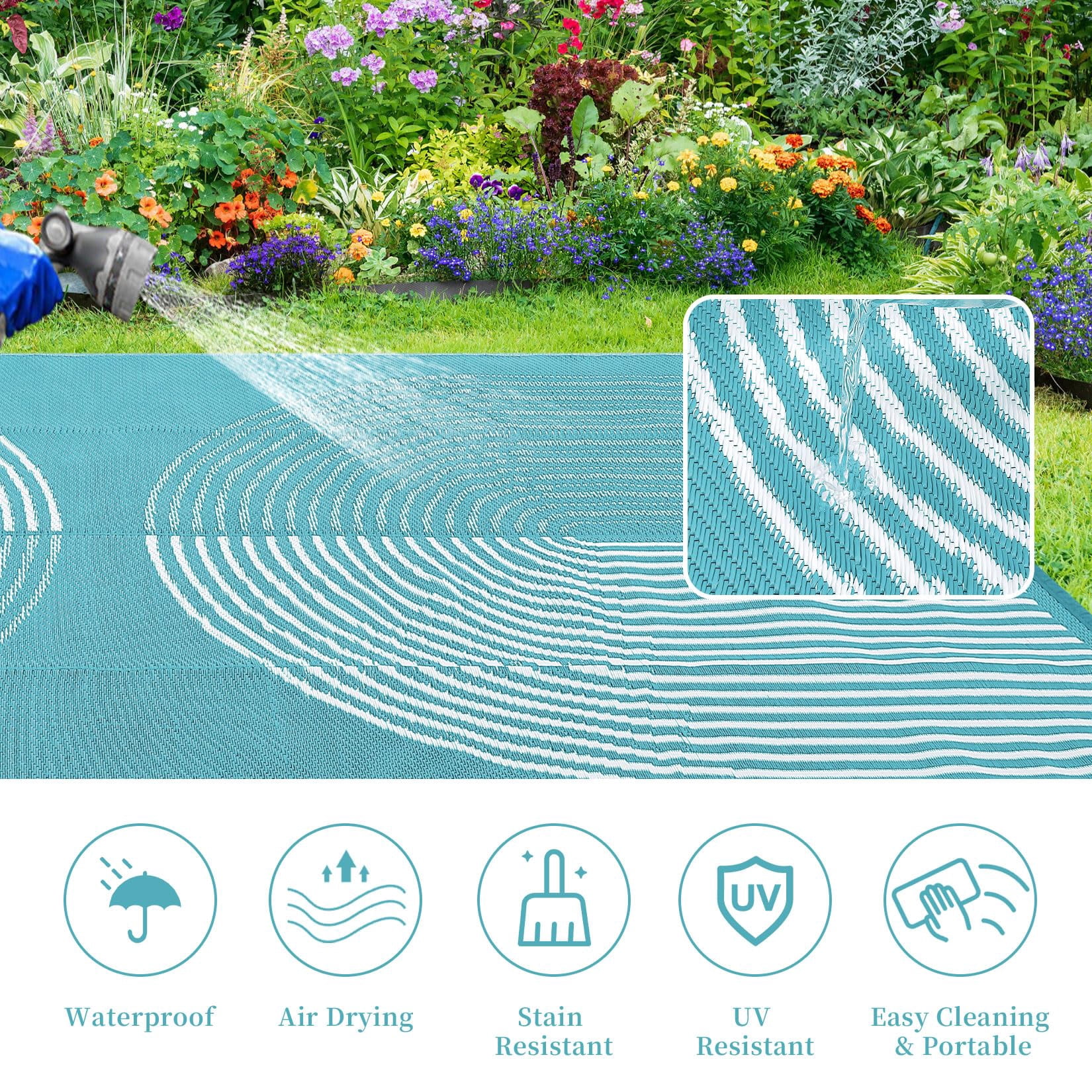 Kicctian Outdoor Rug 6x9 ft Waterproof Plastic Straw Rug for Patio, UV Resistant Reversible Floor Carpet Outside Portable RV Camping Pat for Balcony, Porch, Backyard, Light Blue & White