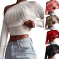thumbnail image 5 of Seyurigaoka Women Casual Sexy Knitwear, Solid Color Off-the-shoulder Long Sleeve Crop Tops, White/ Black/ Pink/ Khaki, 5 of 6