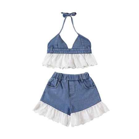 

QBGSAY Little Child Outfits Sets Toddler Girls Summer Denim Splice Halter Strap Tops Shorts 2Pcs Outfits Clothes Sets 2 Piece Casual clothing