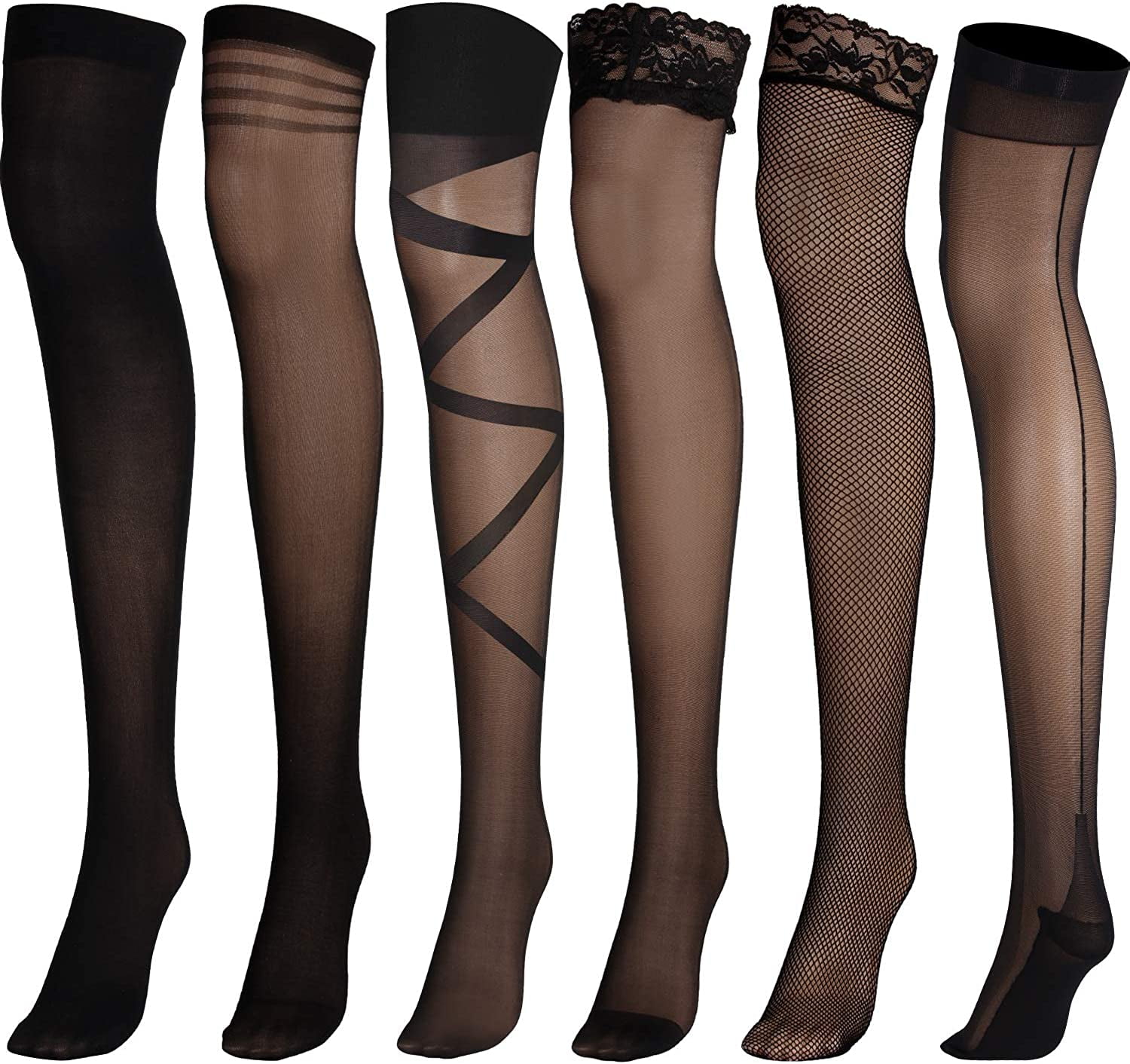 6 Pairs Thigh High Stocking Fishnet Stockings Silicone Lace Top Back Seam Strap Women 