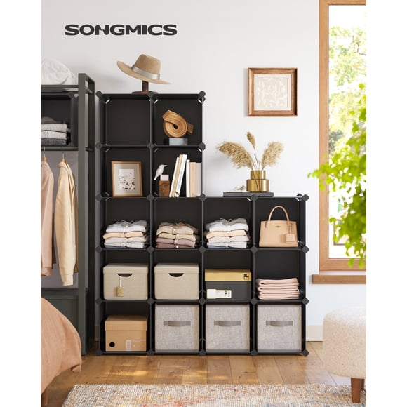 SONGMICS Armario Modular, Zapatero con 16 Cubos, 31 x 123 x 123 cm, Estante de Plástico PP, Negro