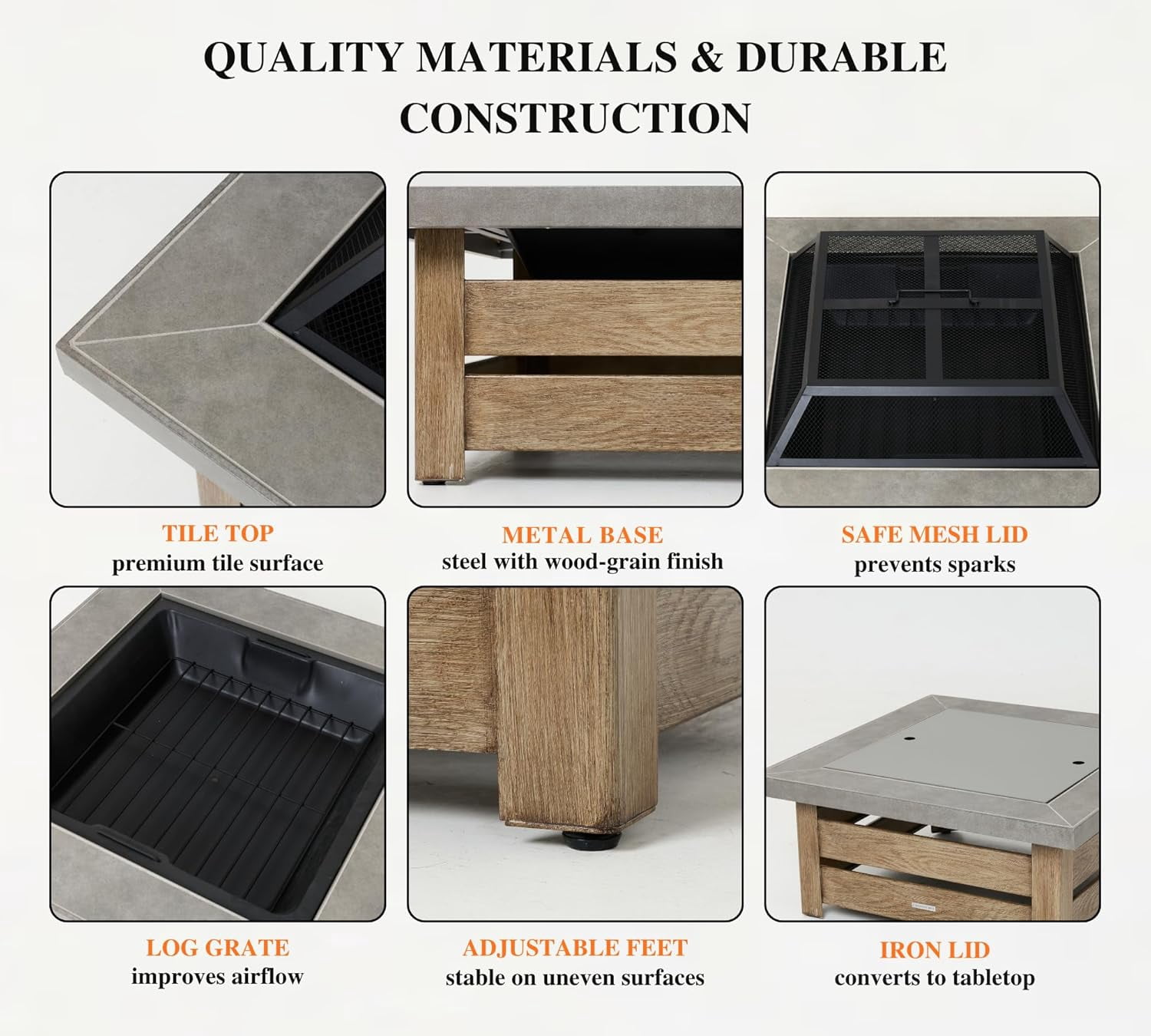 34" Wood Burning Fire Pit, Outdoor Fire Pit Table for  Backyard Garden, Large Square Fire Pit for Outside, Metal Firepit with Removable Lid, Mesh Cover, Poker