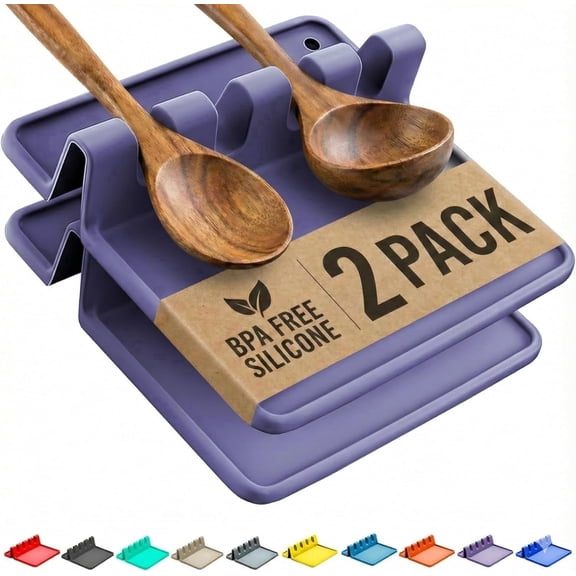 cooler kitchen silicone spoon rest with drip pad 2-pack, heat-resistant bpa-free holder for stove and countertop, holds spatulas, tongs, ladles, purple