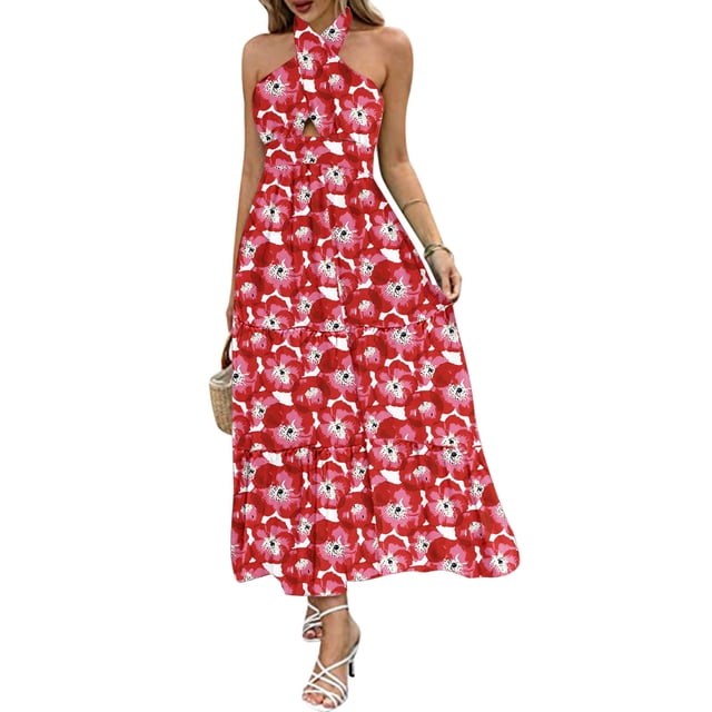 Bellella Robes Maxi pour Femmes Robe Longue à Col Licou Sans Manches d'Été pour la Plage en Imprimé floral Rouge. Cette Robe de Style Bohème Présente un Encolure Licou, un Ourlet Superposé et un Dos Nu à Lacets. Fabriquée en 65 % polyester et 35 % Coton, Elle Est Légère et Respirante. Parfaite pour les Sorties Décontractées, les Vacances à la Plage, les Fêtes et le Quotidien. Conçue avec des Talons Blancs à Brides et un Sac à Main Tressé.