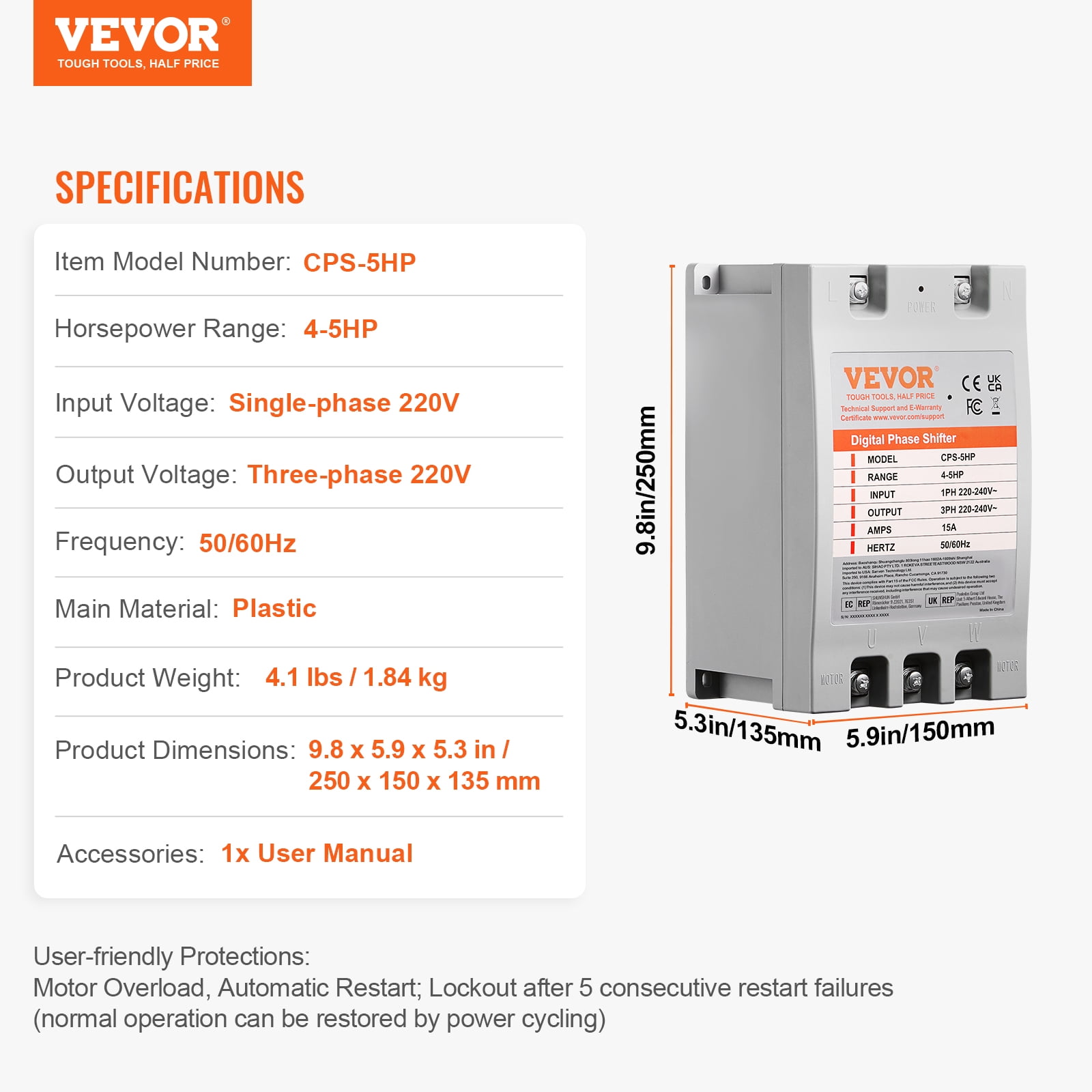 VEVOR 3 Phase Converter - 5HP 15A 220V Single Phase to 3 Phase Converter, Digital Phase Shifter for Residential and Light Commercial Use, 220V-240V Input/Output (One Converter for One Motor Only)