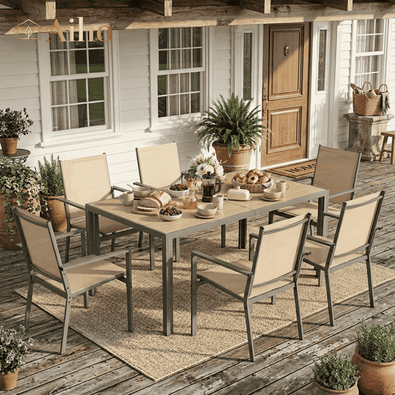 Aiho 7 Pieces Patio Table and Chairs Set, All-Weather Outdoor Dining Set with Umbrella Hole & 6 Textilene Dining Chairs, Perfect for Garden, Yard, Brown