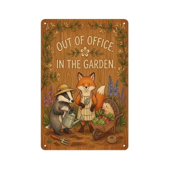 Out Of Office, In The Garden Cute Woodland Animals Poster Metal Tin Sign Wall Decor Wall Art Vintage Room Decoration Tin Painting Poker Room Poster for Home Man Cave Bar Cafe Store Garage Or Club 12x