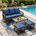 thumbnail image 1 of AECOJOY 4-Piece Rattan Patio Conversation Set, With 3 Seater Sofa, 2 Ottomans, And A Central Table, Dark Blue, 1 of 6