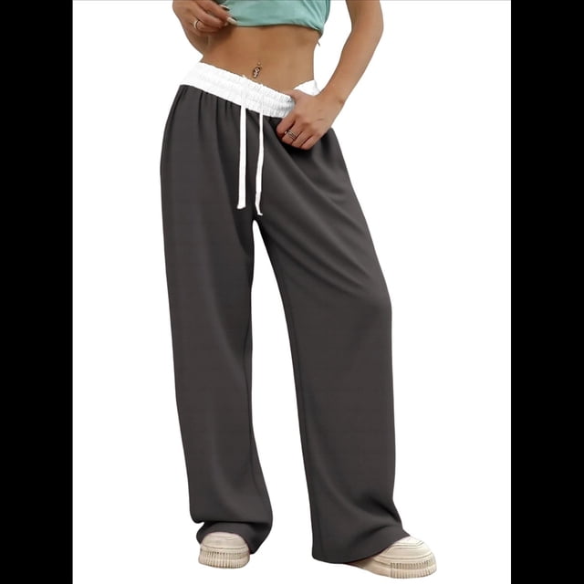 Pantalones Deportivos Anchos con Cintura de Contraste de Color y Hebilla de Cordón para Mujer. Gris Oscuro XL