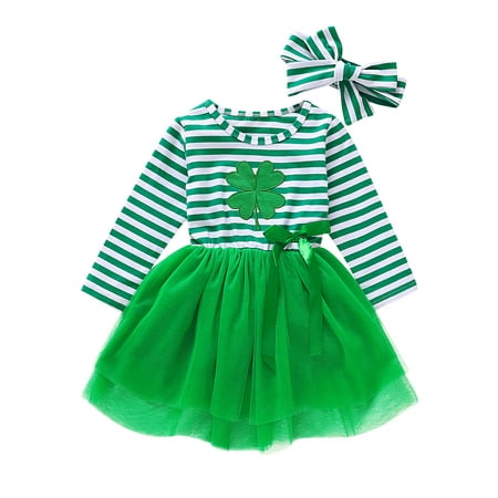 

EYIIYE Little Girls St. Patrick s Day Stripes Clover Print Long Sleeves Tutu Dress + Hairband Outfits 1-6 Year