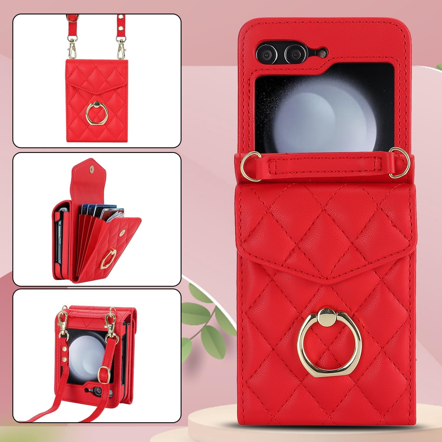 Phone Case for Samsung Galaxy Z Flip 5 5G 2023 Wallet Cover with RFID Blocking Ring Crossbody Wrist Strap Stand Credit Card Holder Leather Cell Accessories ZFlip5 Z5 G Flip5 5Z Women Girls Red